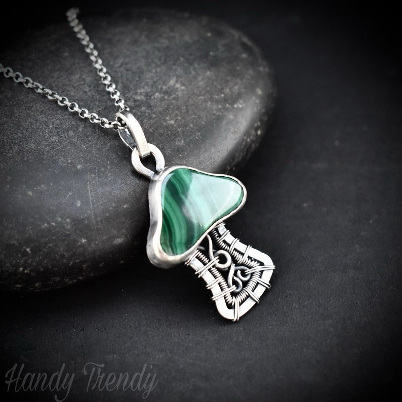 Malachite mushroom pendant, 925 sterling silver wire wrapped necklace, Unique handmade gift, One of a kind artisan jewelry
