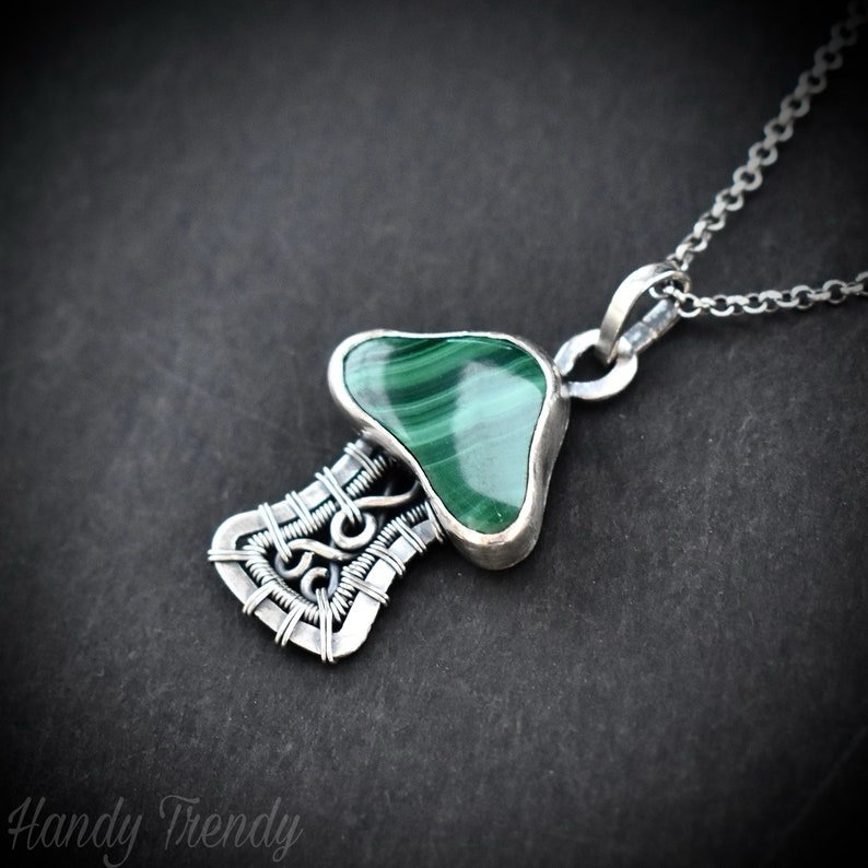 Malachite mushroom pendant, 925 sterling silver wire wrapped necklace, Unique handmade gift, One of a kind artisan jewelry
