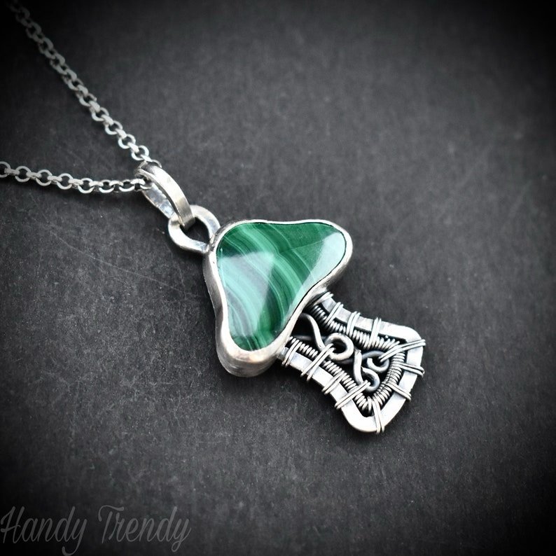 Malachite mushroom pendant, 925 sterling silver wire wrapped necklace, Unique handmade gift, One of a kind artisan jewelry