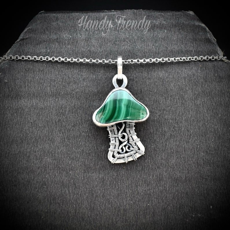 Malachite mushroom pendant, 925 sterling silver wire wrapped necklace, Unique handmade gift, One of a kind artisan jewelry