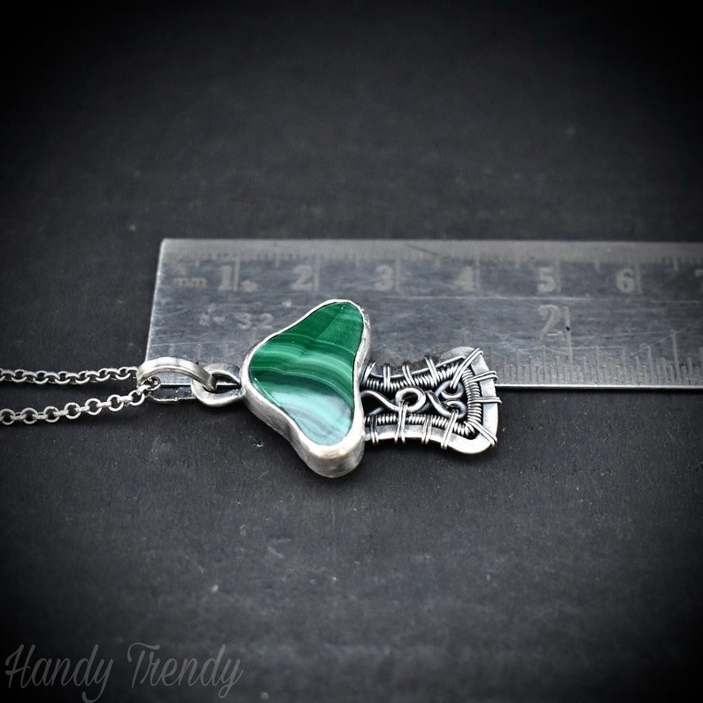 Malachite mushroom pendant, 925 sterling silver wire wrapped necklace, Unique handmade gift, One of a kind artisan jewelry