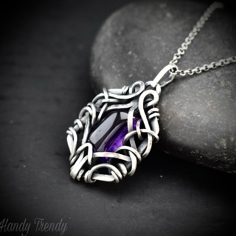 Amethyst free flow pendant, 925 sterling silver Wire wrapped jewelry, Unique handmade gift, Artisan necklace, One of a kind piece