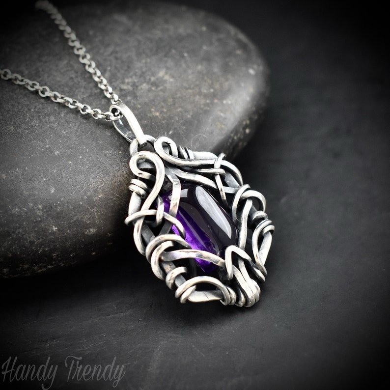 Amethyst free flow pendant, 925 sterling silver Wire wrapped jewelry, Unique handmade gift, Artisan necklace, One of a kind piece