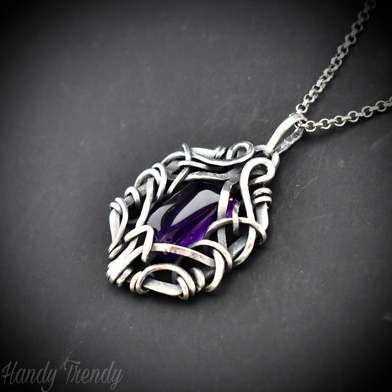 Amethyst free flow pendant, 925 sterling silver Wire wrapped jewelry, Unique handmade gift, Artisan necklace, One of a kind piece