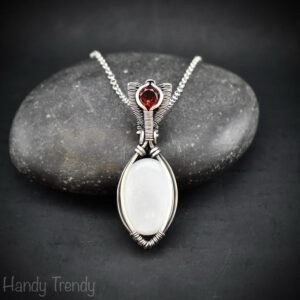 White moonstone and garnet pendant, 925 sterling silver wire wrapped jewelry, Unique handmade bride gift, One of a kind artisan necklace