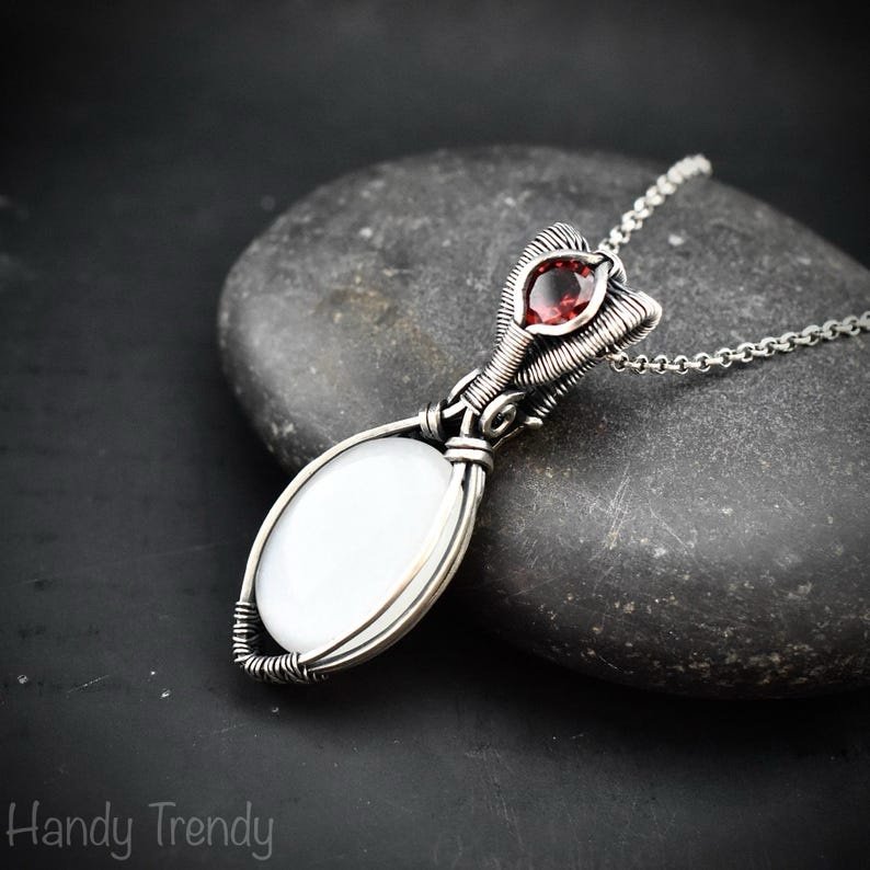 White moonstone and garnet pendant, 925 sterling silver wire wrapped jewelry, Unique handmade bride gift, One of a kind artisan necklace