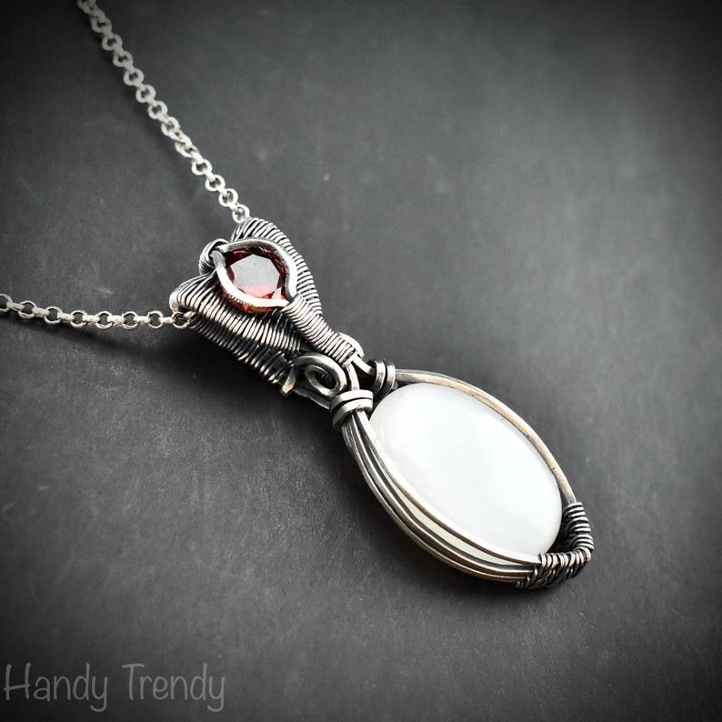 White moonstone and garnet pendant, 925 sterling silver wire wrapped jewelry, Unique handmade bride gift, One of a kind artisan necklace