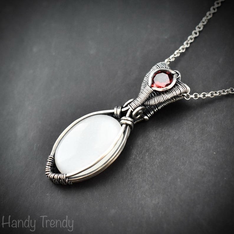 White moonstone and garnet pendant, 925 sterling silver wire wrapped jewelry, Unique handmade bride gift, One of a kind artisan necklace