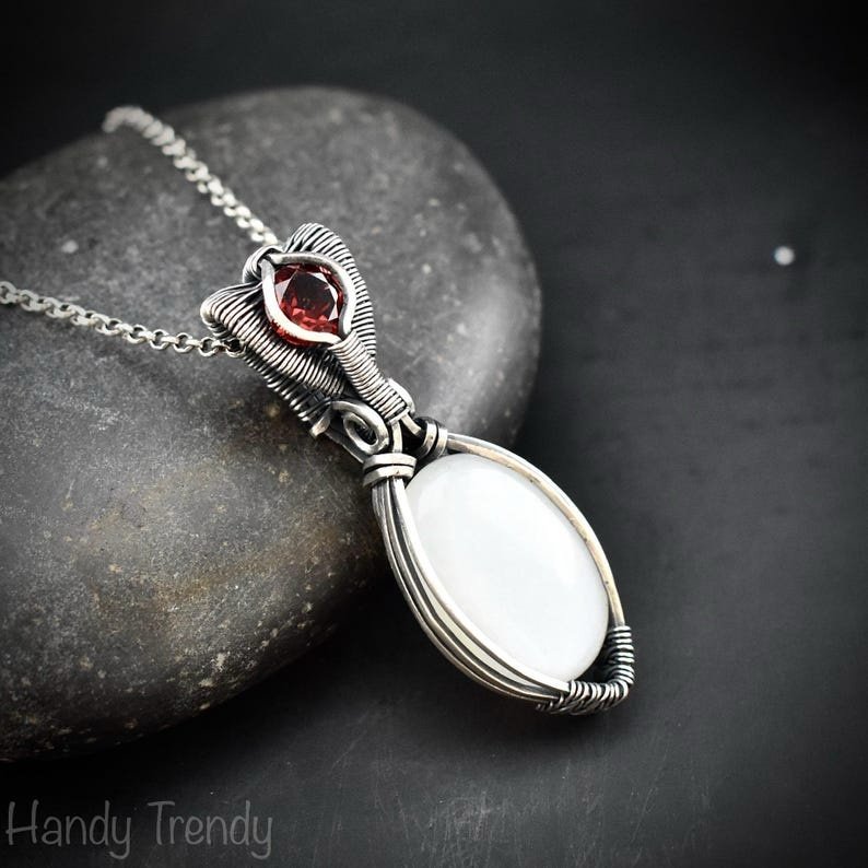 White moonstone and garnet pendant, 925 sterling silver wire wrapped jewelry, Unique handmade bride gift, One of a kind artisan necklace