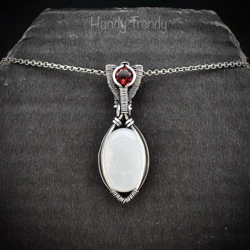 White moonstone and garnet pendant, 925 sterling silver wire wrapped jewelry, Unique handmade bride gift, One of a kind artisan necklace