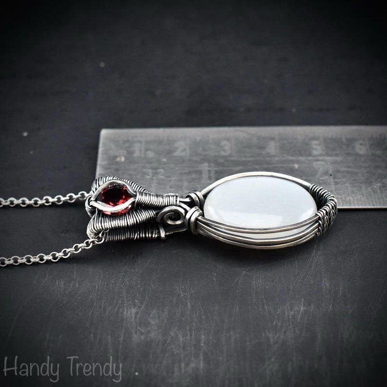 White moonstone and garnet pendant, 925 sterling silver wire wrapped jewelry, Unique handmade bride gift, One of a kind artisan necklace