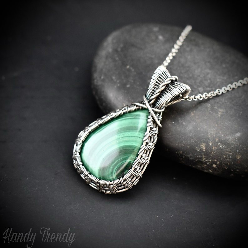 Malachite pendant, 925 sterling silver Wire wrapped jewelry, Unique handmade gift, Artisan necklace, One of a kind necklace