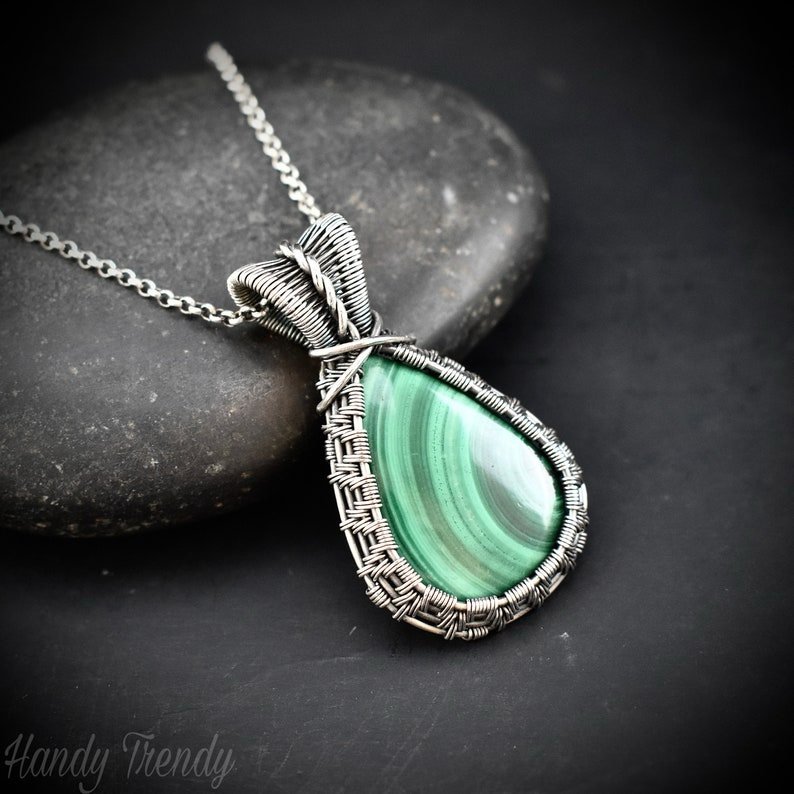 Malachite pendant, 925 sterling silver Wire wrapped jewelry, Unique handmade gift, Artisan necklace, One of a kind necklace