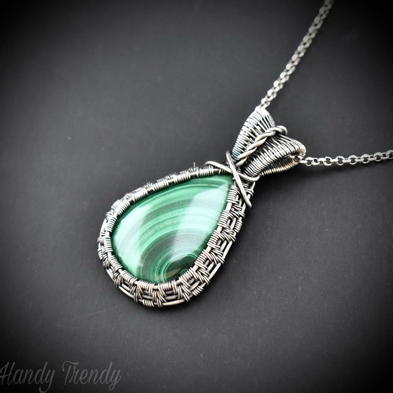 Malachite pendant, 925 sterling silver Wire wrapped jewelry, Unique handmade gift, Artisan necklace, One of a kind necklace