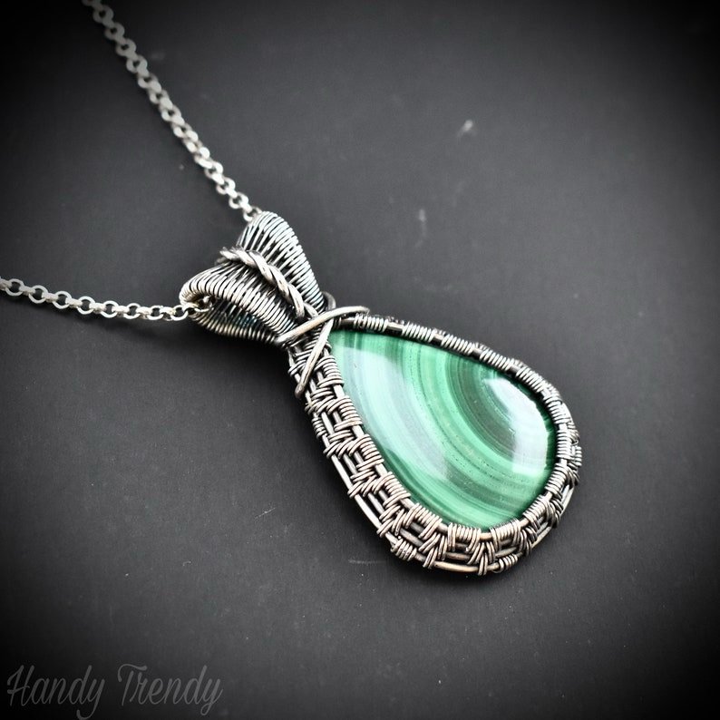 Malachite pendant, 925 sterling silver Wire wrapped jewelry, Unique handmade gift, Artisan necklace, One of a kind necklace