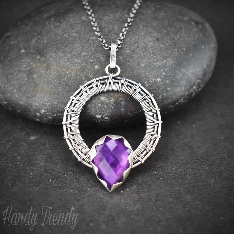 Amethyst drop pendant, 925 sterling silver Wire wrapped jewelry, Unique handmade gift, One of a kind artisan necklace