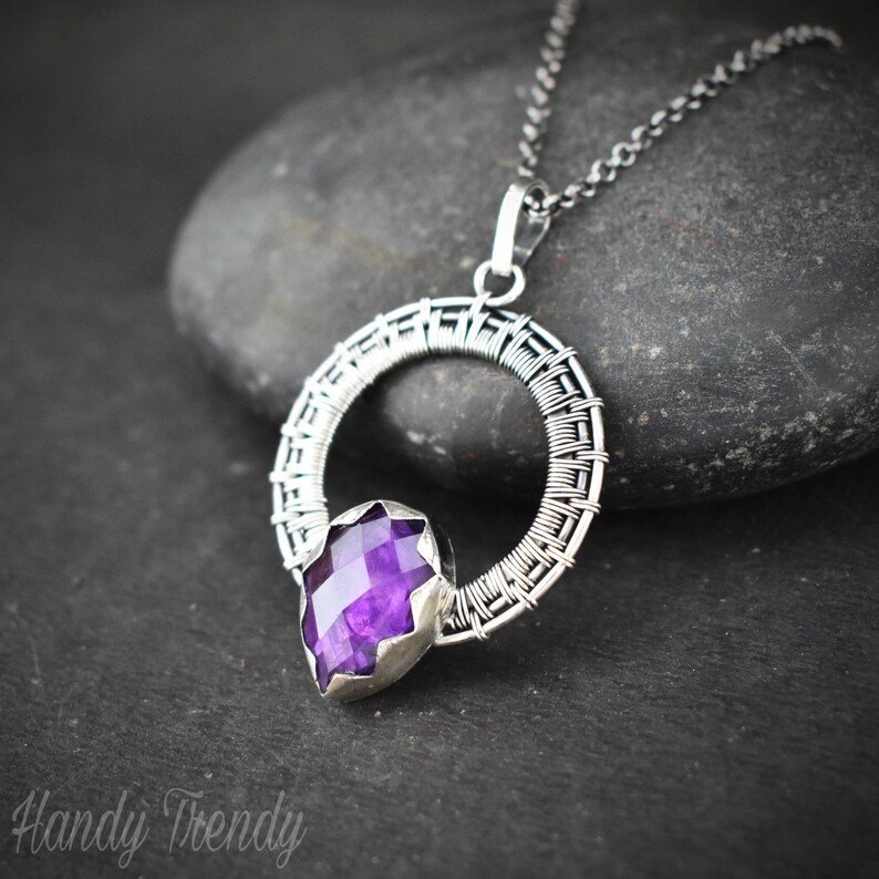 Amethyst drop pendant, 925 sterling silver Wire wrapped jewelry, Unique handmade gift, One of a kind artisan necklace