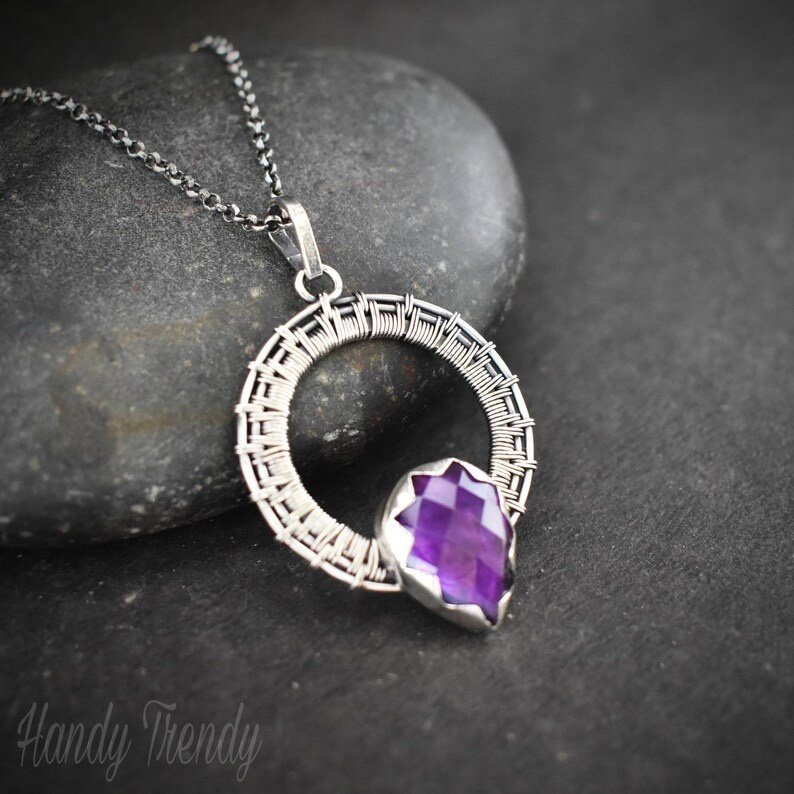 Amethyst drop pendant, 925 sterling silver Wire wrapped jewelry, Unique handmade gift, One of a kind artisan necklace