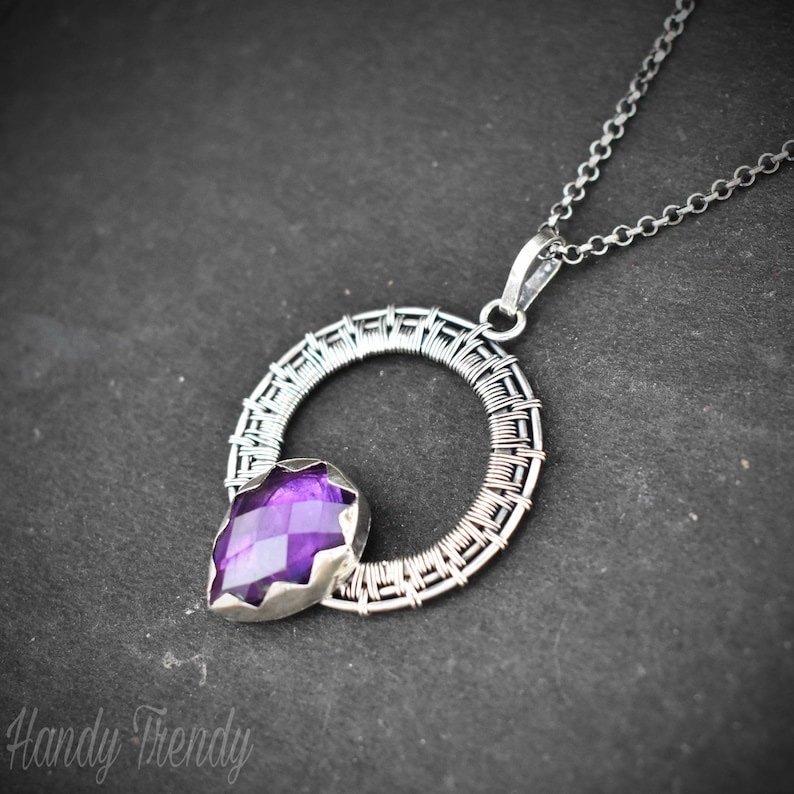 Amethyst drop pendant, 925 sterling silver Wire wrapped jewelry, Unique handmade gift, One of a kind artisan necklace