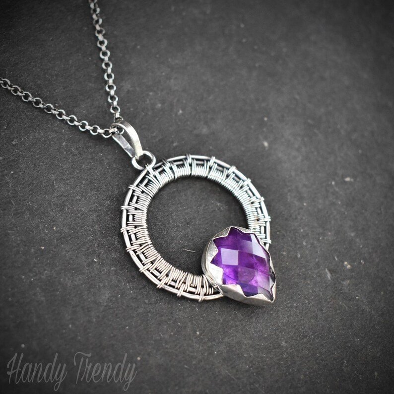 Amethyst drop pendant, 925 sterling silver Wire wrapped jewelry, Unique handmade gift, One of a kind artisan necklace