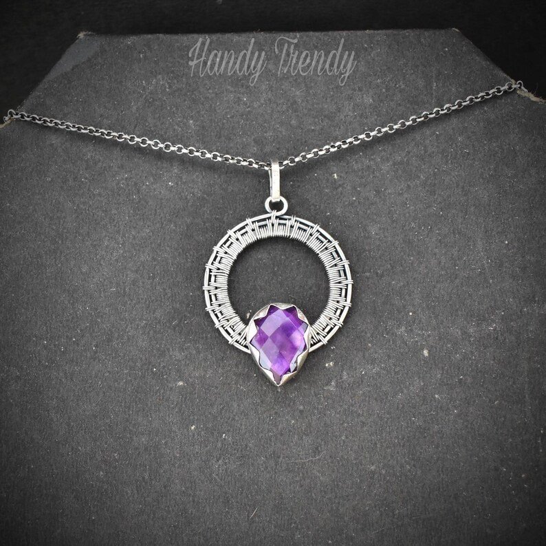 Amethyst drop pendant, 925 sterling silver Wire wrapped jewelry, Unique handmade gift, One of a kind artisan necklace