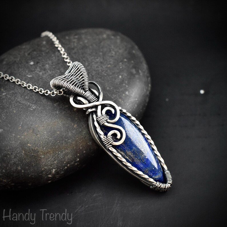 Blue lapis lazuli pendant, 925 sterling silver Wire wrapped jewelry, Unique handmade gift, Artisan necklace, One of a kind jewelry