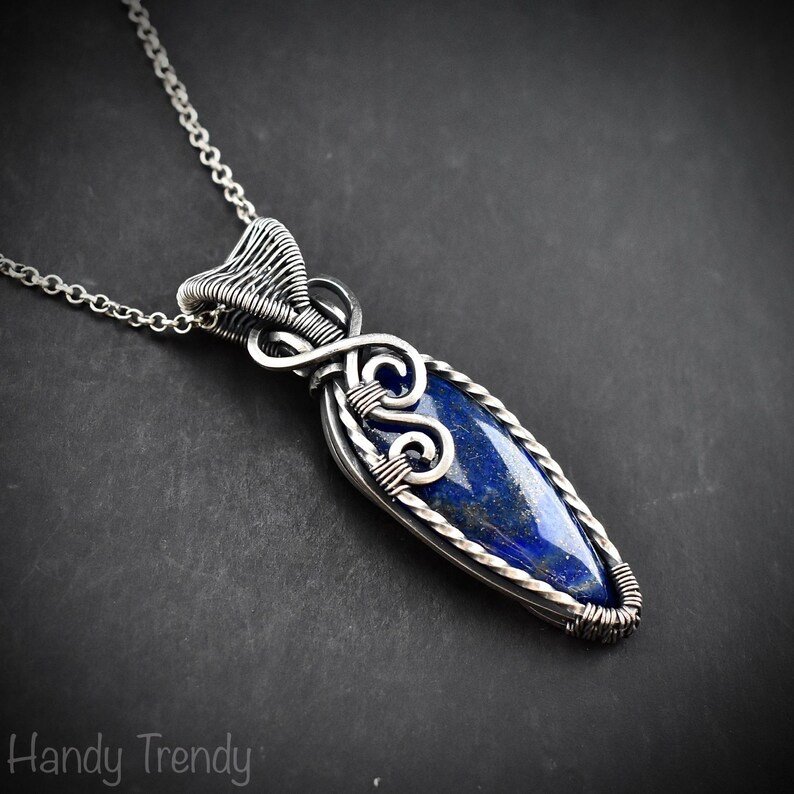 Blue lapis lazuli pendant, 925 sterling silver Wire wrapped jewelry, Unique handmade gift, Artisan necklace, One of a kind jewelry