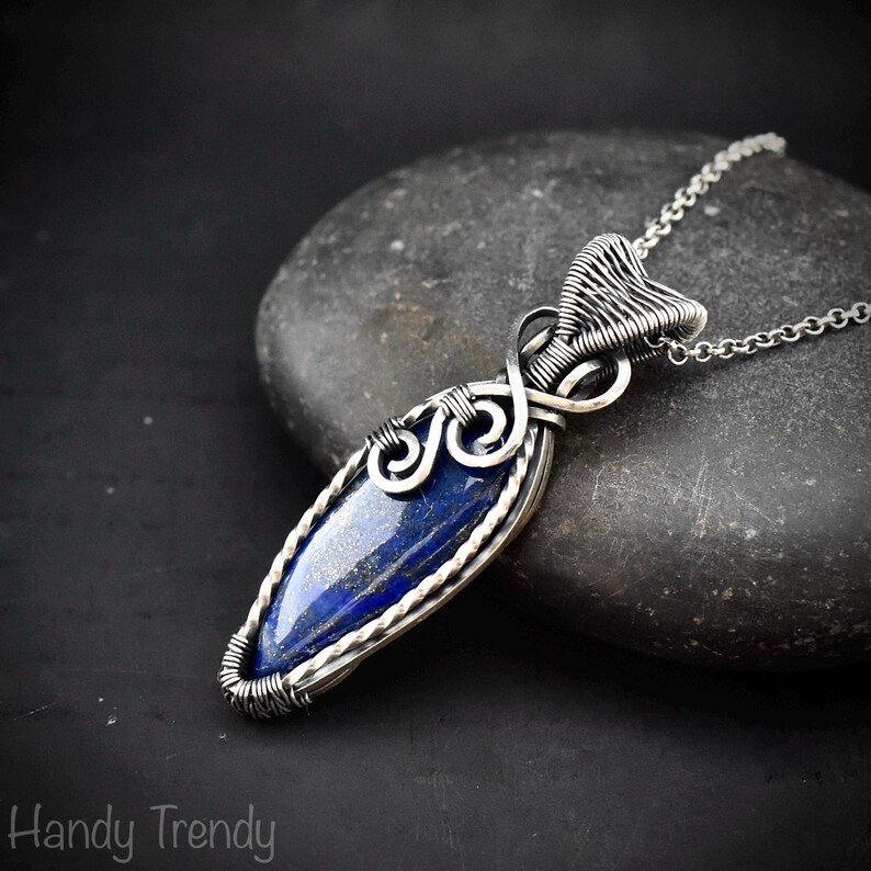Blue lapis lazuli pendant, 925 sterling silver Wire wrapped jewelry, Unique handmade gift, Artisan necklace, One of a kind jewelry
