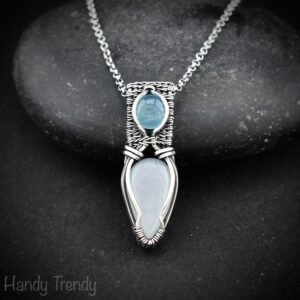 White moonstone and blue chalcedony pendant, 925 sterling silver wire wrapped jewelry, Unique handmade gift, One of a kind artisan necklace