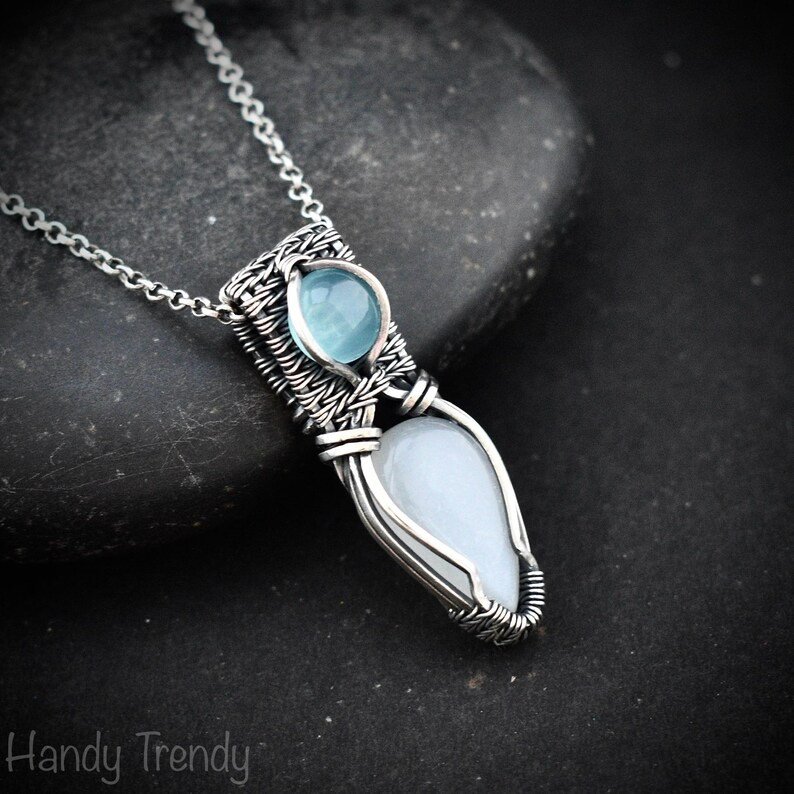 White moonstone and blue chalcedony pendant, 925 sterling silver wire wrapped jewelry, Unique handmade gift, One of a kind artisan necklace