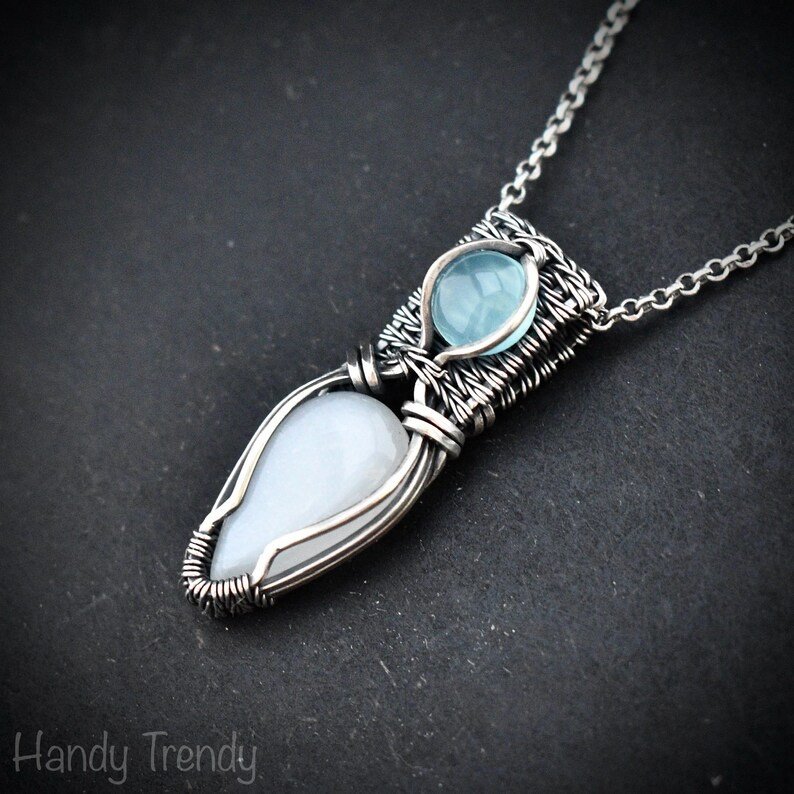 White moonstone and blue chalcedony pendant, 925 sterling silver wire wrapped jewelry, Unique handmade gift, One of a kind artisan necklace