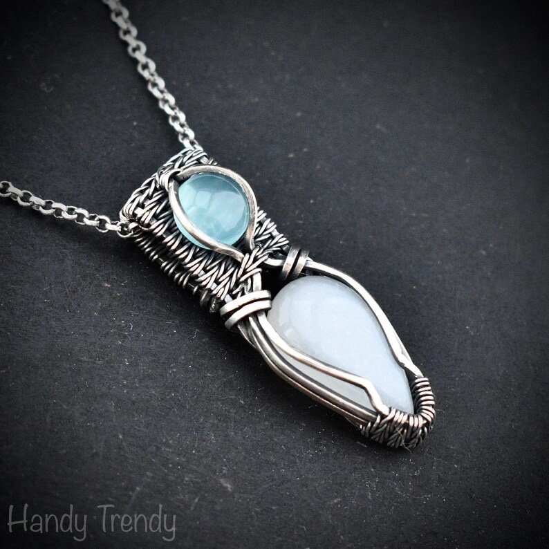 White moonstone and blue chalcedony pendant, 925 sterling silver wire wrapped jewelry, Unique handmade gift, One of a kind artisan necklace