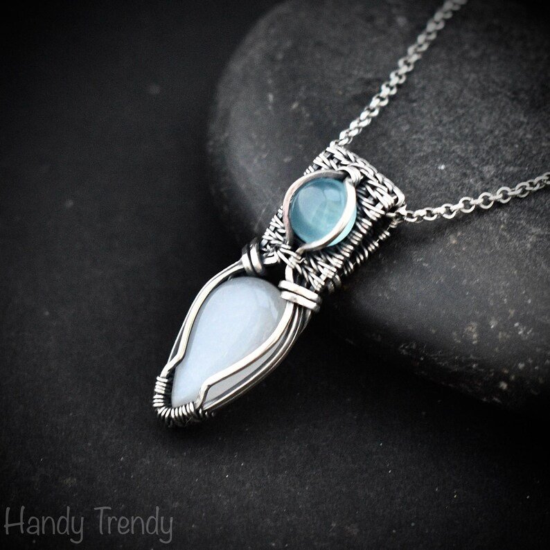 White moonstone and blue chalcedony pendant, 925 sterling silver wire wrapped jewelry, Unique handmade gift, One of a kind artisan necklace