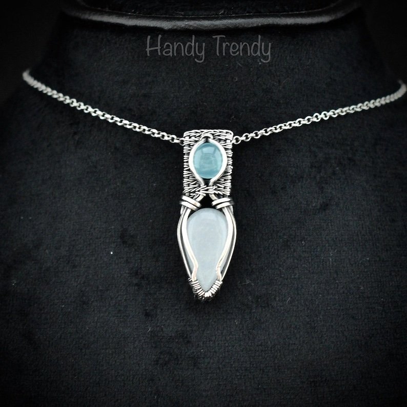 White moonstone and blue chalcedony pendant, 925 sterling silver wire wrapped jewelry, Unique handmade gift, One of a kind artisan necklace