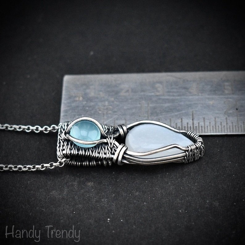 White moonstone and blue chalcedony pendant, 925 sterling silver wire wrapped jewelry, Unique handmade gift, One of a kind artisan necklace