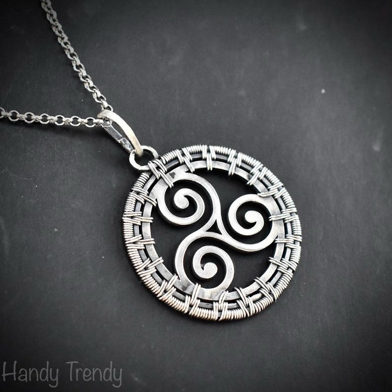Triskele pendant, 925 sterling silver wire wrapped necklace, Unique handmade gift, one of a kind artisan jewelry, Statement piece