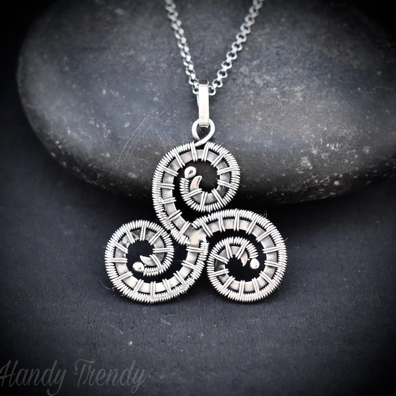 Triskele pendant, 925 sterling silver wire wrapped necklace, Unique handmade gift, one of a kind artisan jewelry, Statement piece