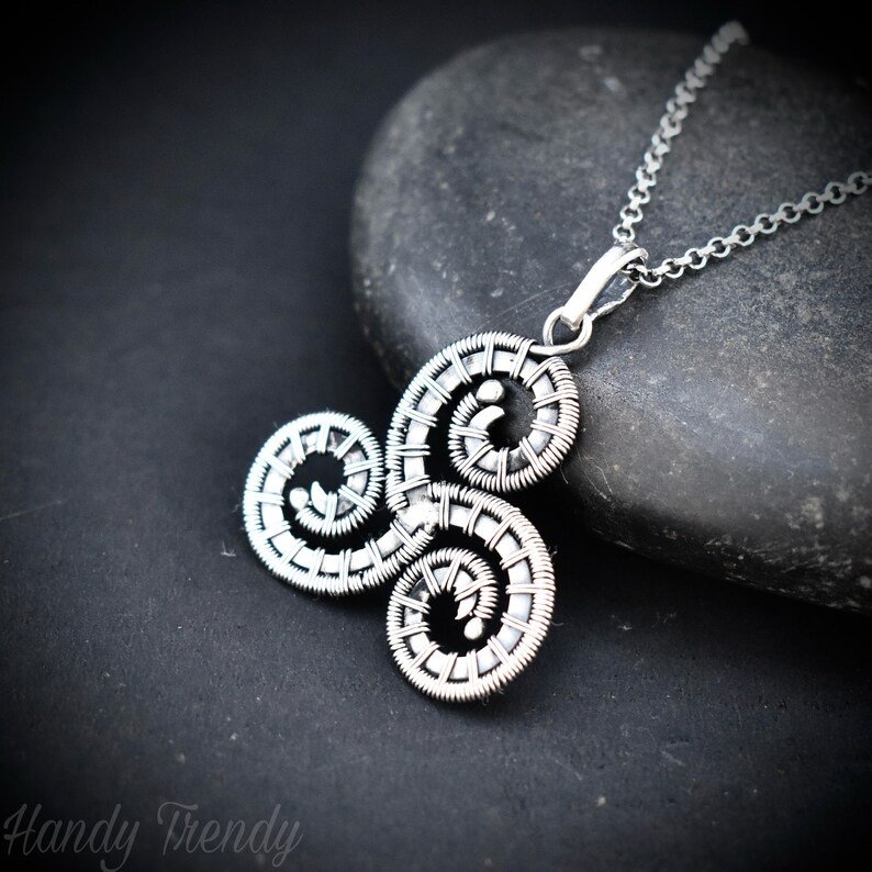 Triskele pendant, 925 sterling silver wire wrapped necklace, Unique handmade gift, one of a kind artisan jewelry, Statement piece