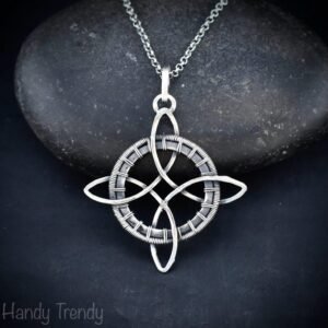 Endless witches knot pendant, 925 sterling silver wire wrapped jewelry, Celtic 4-pointed circle necklace, Unique handmade birthday gift