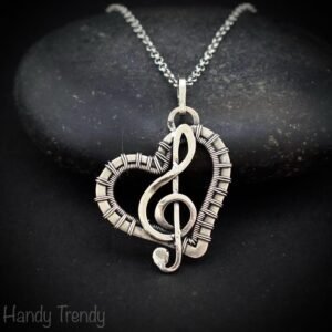Treble clef heart pendant, 925 sterling silver wire wrapped necklace, Unique handmade gift, one of a kind artisan jewelry, Statement piece