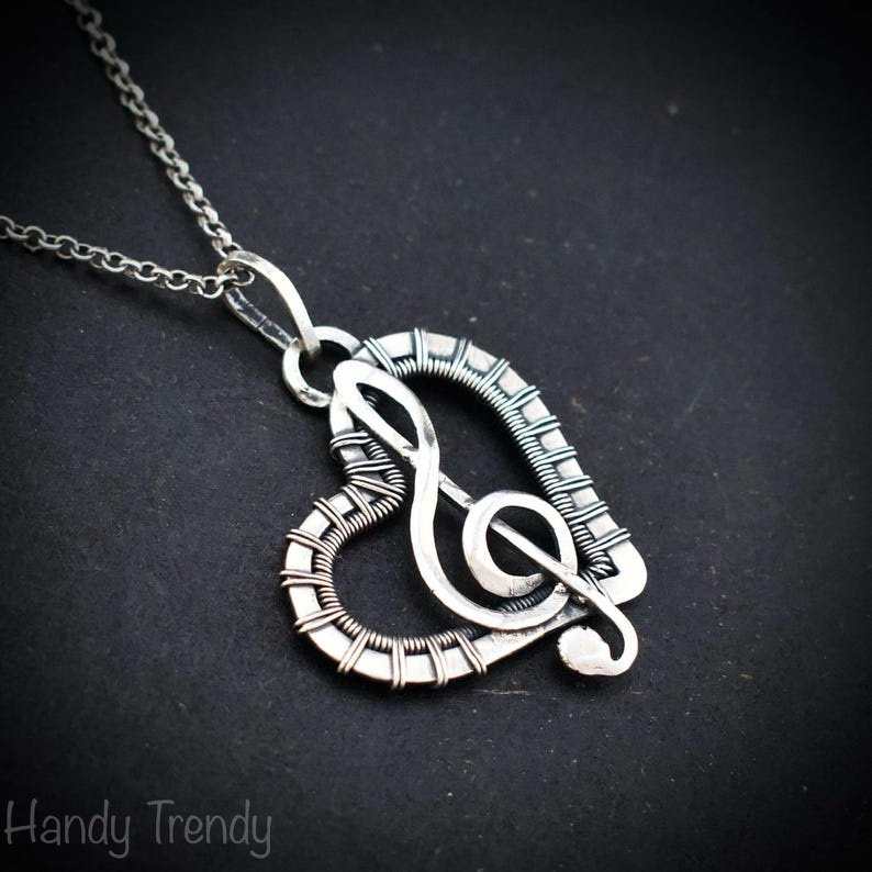 Treble clef heart pendant, 925 sterling silver wire wrapped necklace, Unique handmade gift, one of a kind artisan jewelry, Statement piece
