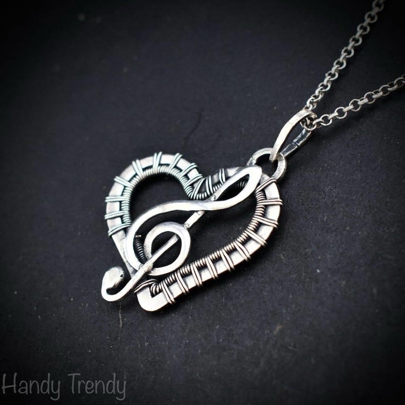 Treble clef heart pendant, 925 sterling silver wire wrapped necklace, Unique handmade gift, one of a kind artisan jewelry, Statement piece