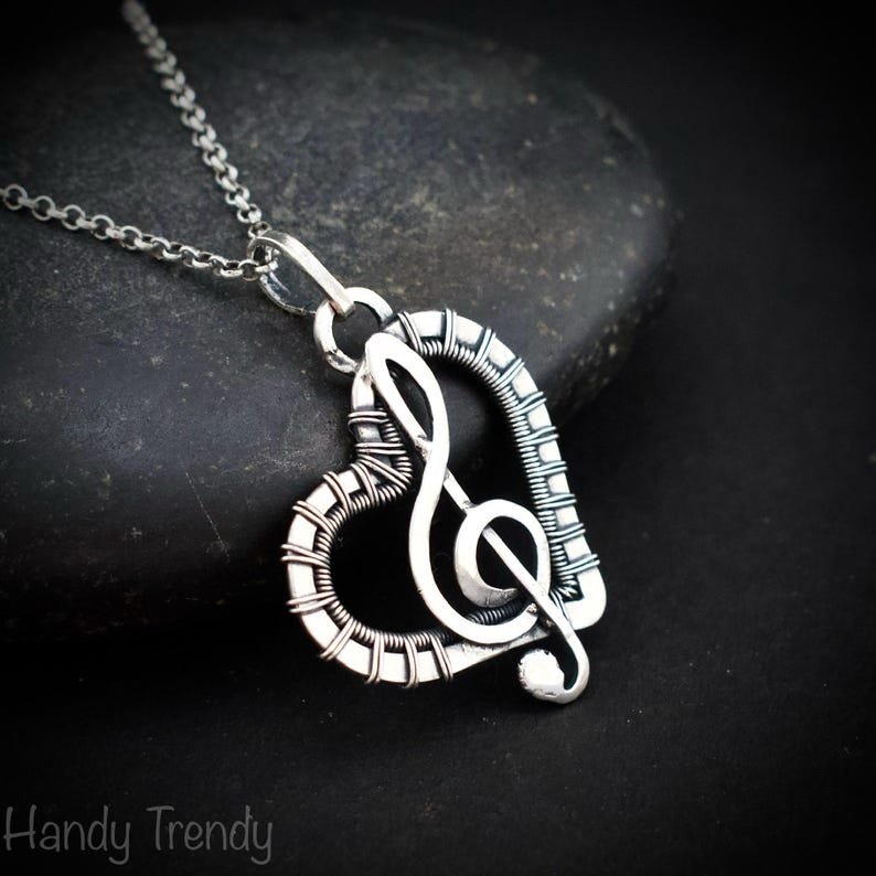 Treble clef heart pendant, 925 sterling silver wire wrapped necklace, Unique handmade gift, one of a kind artisan jewelry, Statement piece