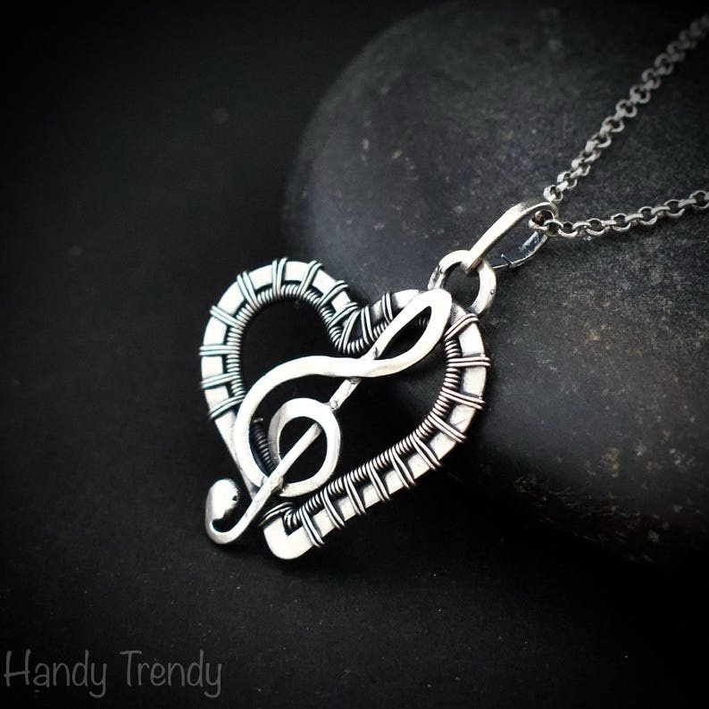 Treble clef heart pendant, 925 sterling silver wire wrapped necklace, Unique handmade gift, one of a kind artisan jewelry, Statement piece