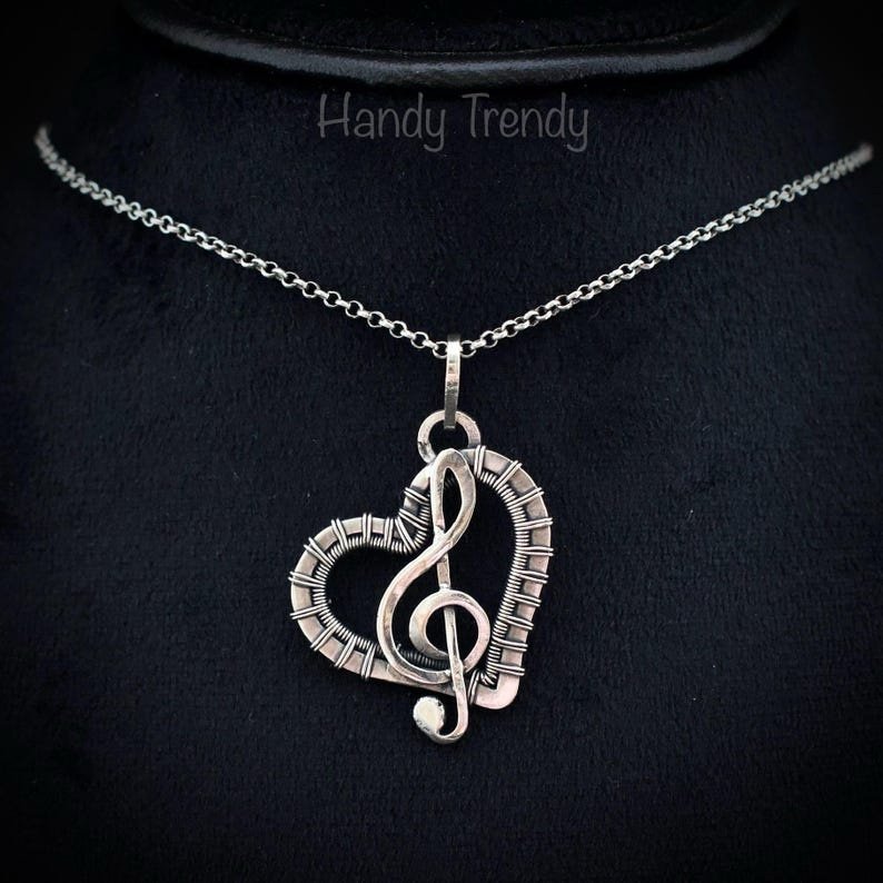 Treble clef heart pendant, 925 sterling silver wire wrapped necklace, Unique handmade gift, one of a kind artisan jewelry, Statement piece