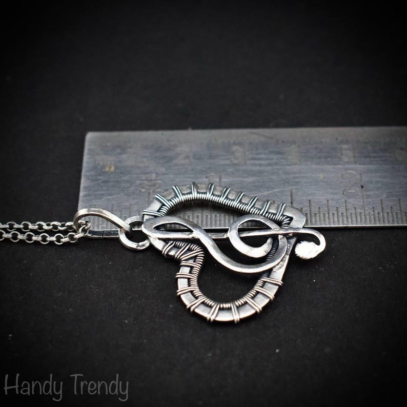 Treble clef heart pendant, 925 sterling silver wire wrapped necklace, Unique handmade gift, one of a kind artisan jewelry, Statement piece