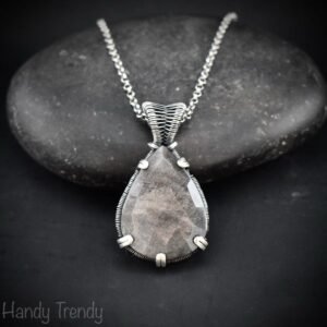 Silver obsidian prong pendant, 925 sterling silver Wire wrapped jewelry, Unique handmade gift, Artisan necklace, One of a kind piece