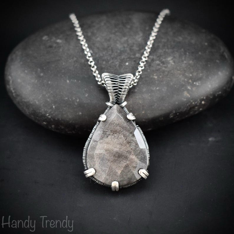 Silver obsidian prong pendant, 925 sterling silver Wire wrapped jewelry, Unique handmade gift, Artisan necklace, One of a kind piece