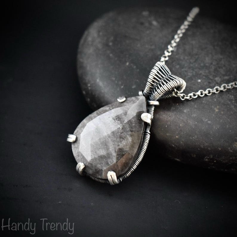 Silver obsidian prong pendant, 925 sterling silver Wire wrapped jewelry, Unique handmade gift, Artisan necklace, One of a kind piece