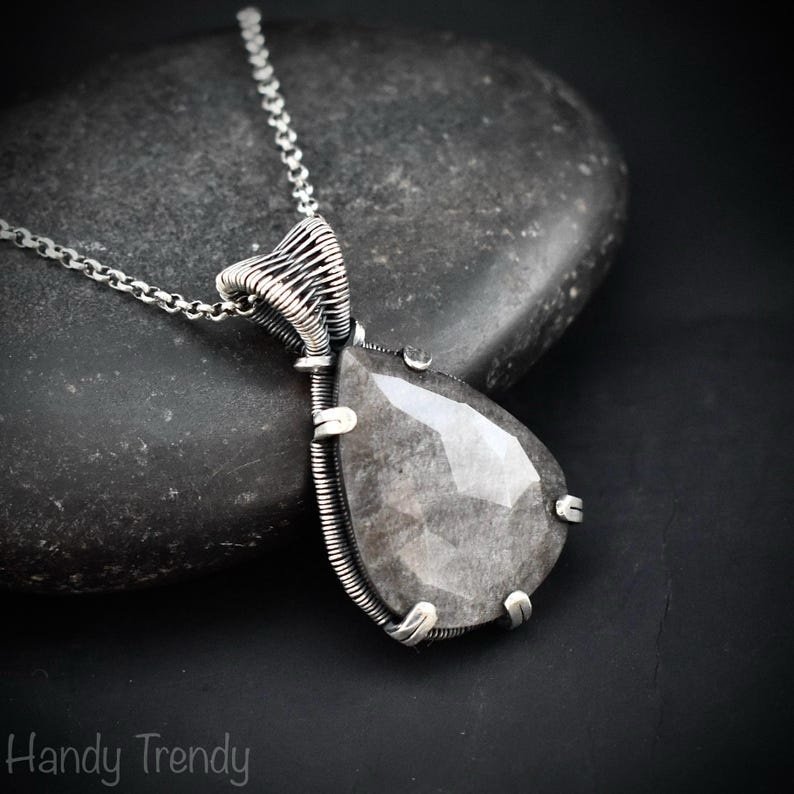 Silver obsidian prong pendant, 925 sterling silver Wire wrapped jewelry, Unique handmade gift, Artisan necklace, One of a kind piece